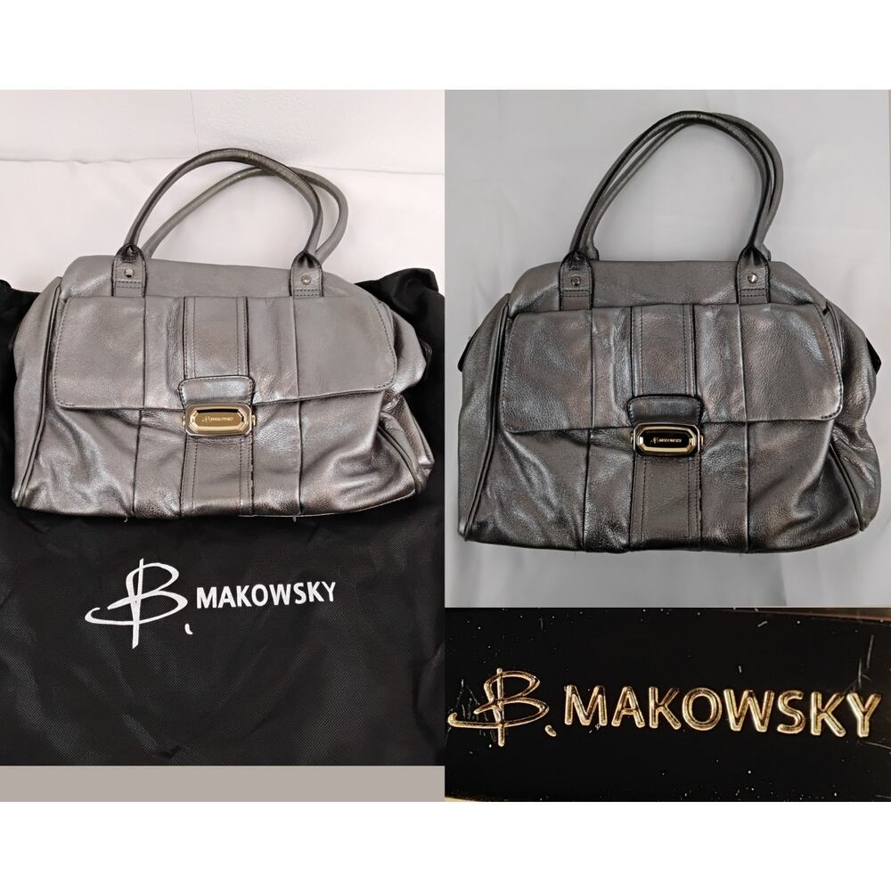 B Makowsky Silver Leather Handbag Top Handles Slouch Shoulder Purse #Z4741